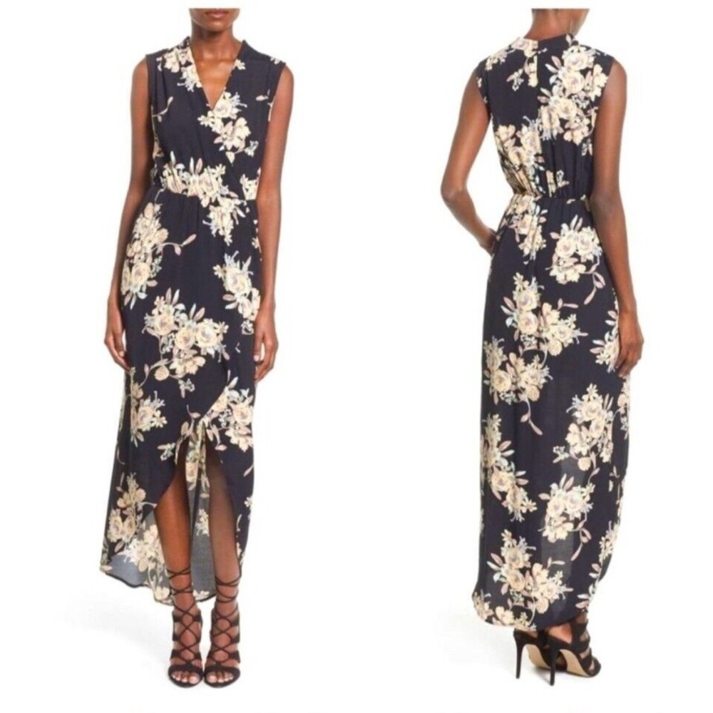 ASTR The Label Sleeveless Floral Hi Lo Faux Wrap Maxi Dress Keyhole M